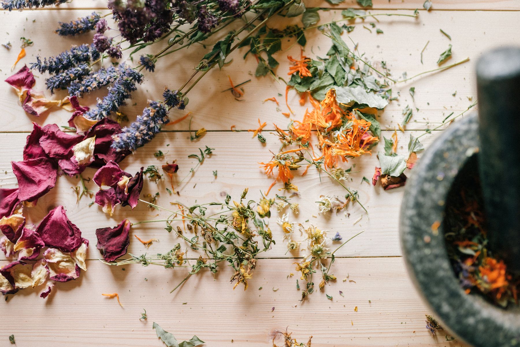 Dried herbs and flowers arranged beside a mortar and pestle